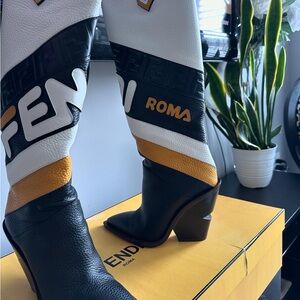 Fendi Logo Western Boots – Black/White/Gold – Excellent Condition – Authentic